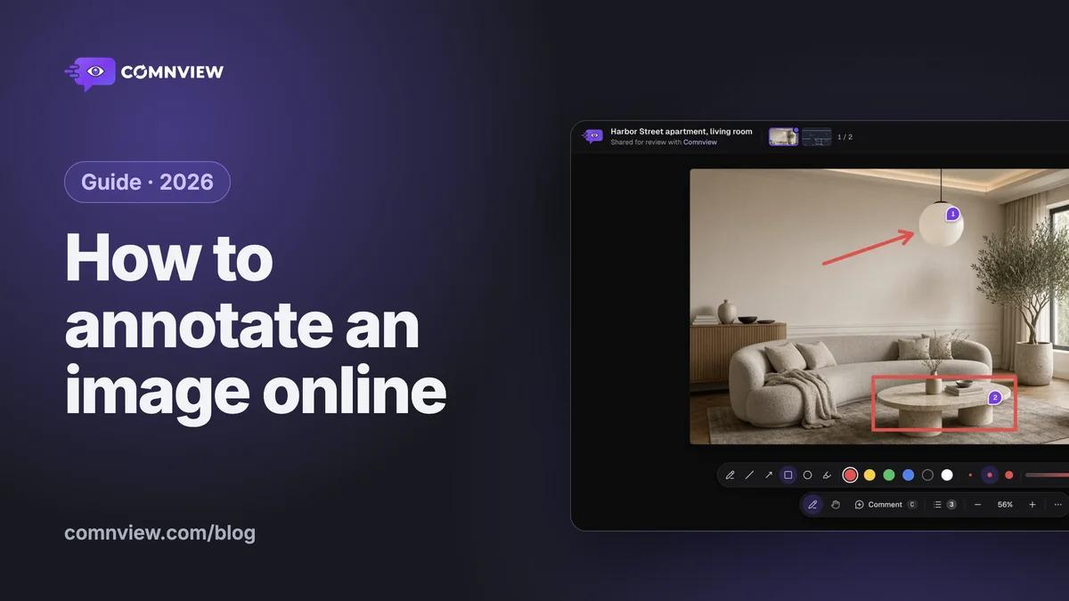 How to annotate an image online: a living room render in Comnview with a red arrow to the pendant lamp, a box around the coffee table and three numbered comment pins