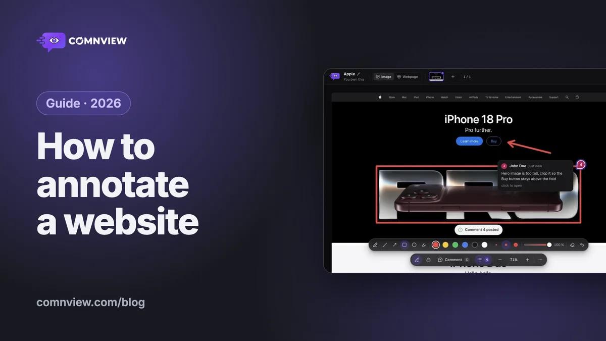 How to annotate a website: the Apple homepage in Comnview with an arrow, a box and a pinned comment from John Doe