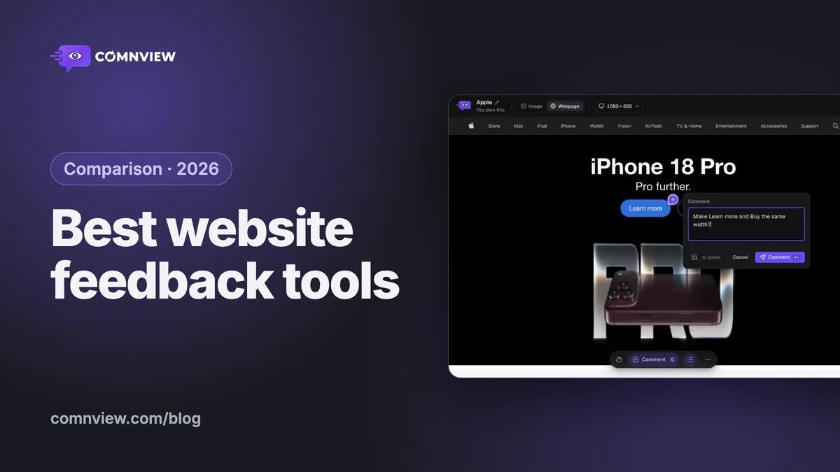 Best website feedback tools in 2026: a captured homepage in Comnview with a comment box open next to the Learn more button