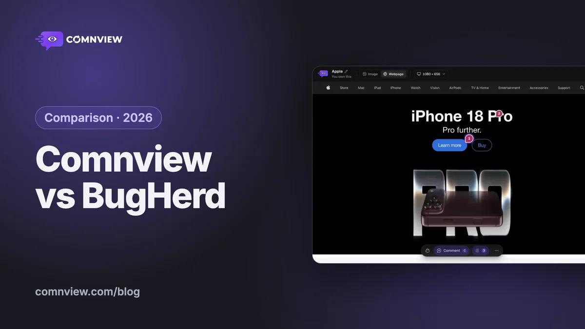 Comnview vs BugHerd: a captured homepage in Comnview with three numbered comment pins and the Comments panel
