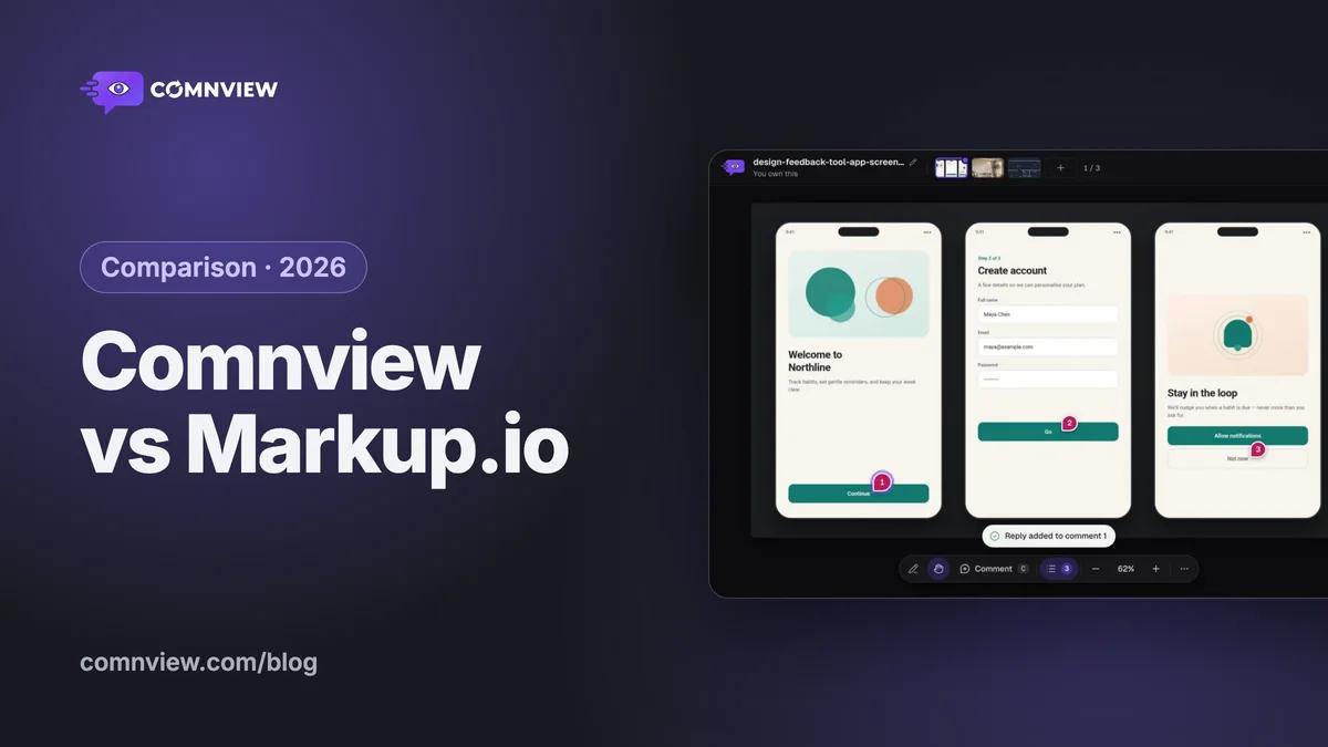 Comnview vs Markup.io: Comnview showing three mobile app screens with numbered comment pins and the Comments panel