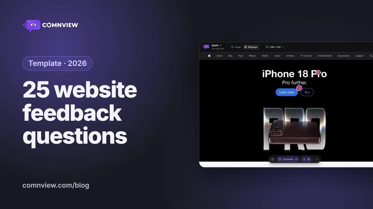 25 website feedback questions to ask clients: a captured homepage in Comnview with three numbered pins and the comments panel