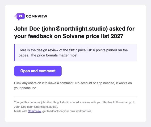 The email the client receives: “John Doe asked for your feedback on Solvane price list 2027”, a note about six points pinned on the pages, and an Open and comment button