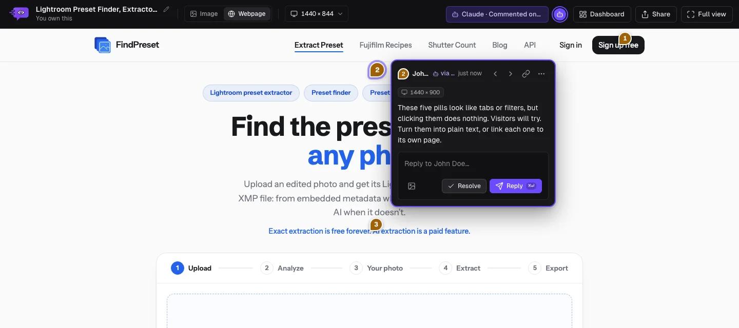 Comnview showing the captured FindPreset homepage: the top bar says “Claude · Commented on…”, numbered pins sit on the Sign up free button, the tag pills, the free versus paid line and the drop zone, and a comment by John Doe via Claude about the pills is open