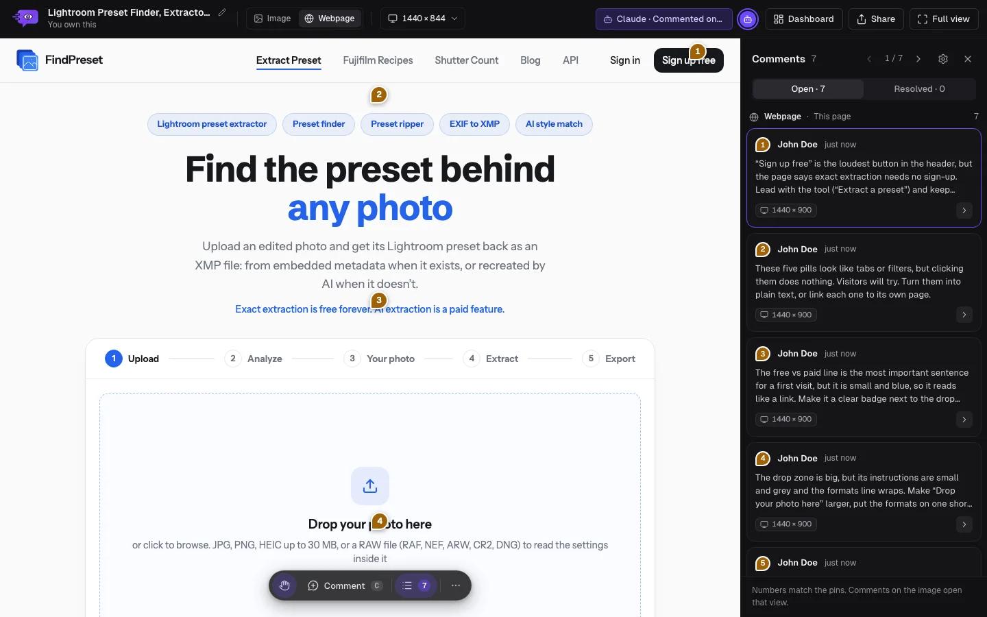 Comnview’s comments panel listing seven open comments by John Doe on the captured FindPreset homepage, about the Sign up free button, the tag pills, the free versus paid line and the drop zone