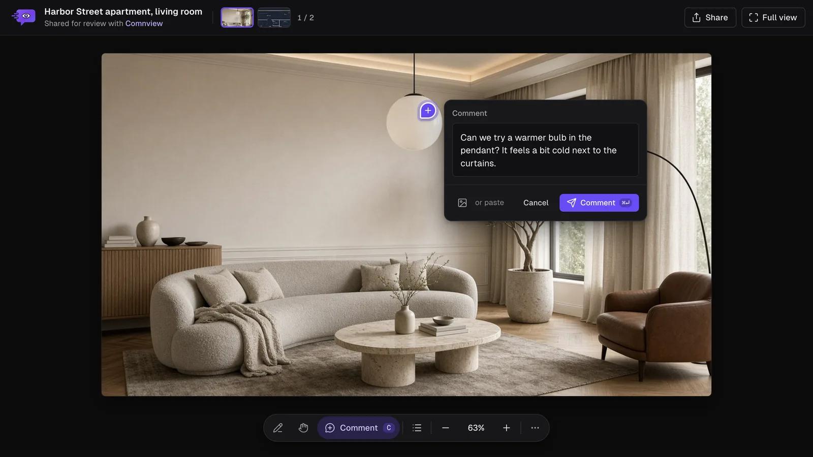 Comnview showing a living room render with a new comment pinned on the pendant lamp: Can we try a warmer bulb in the pendant? It feels a bit cold next to the curtains.