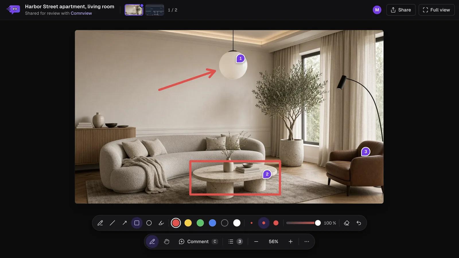 The living room render with a red arrow pointing at the pendant lamp, a red box around the coffee table, three numbered pins, and the Pencil toolbar with shapes, colors, stroke width and opacity