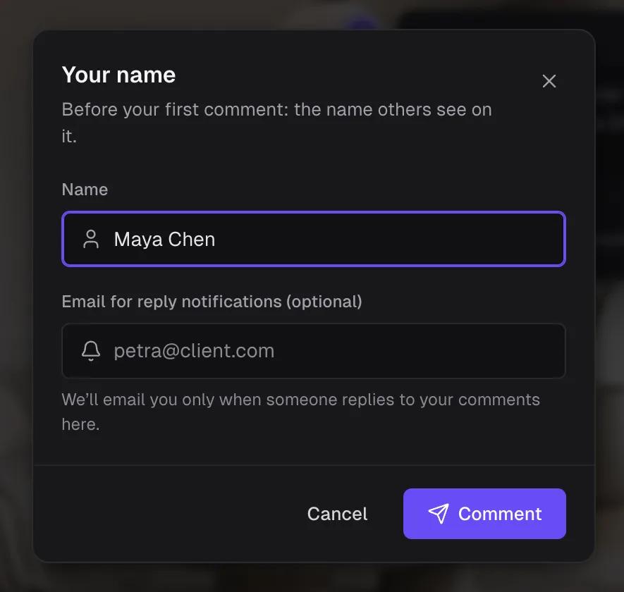 Comnview Your name dialog with Maya Chen typed in and an optional field: Email for reply notifications