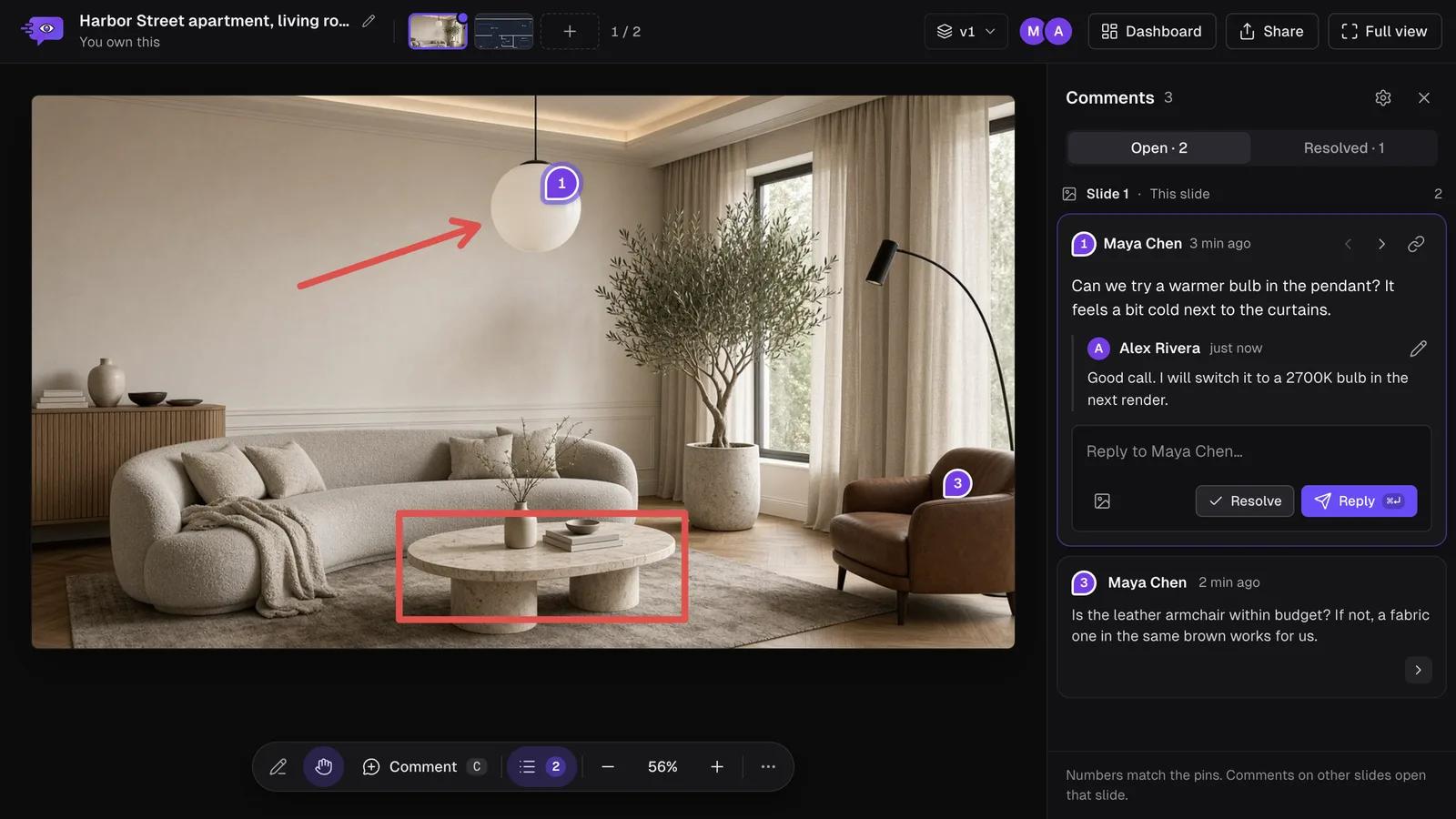 Comnview comments panel next to the annotated render: Open 2, Resolved 1, and comment 1 from Maya Chen with a reply from Alex Rivera and the Resolve and Reply buttons
