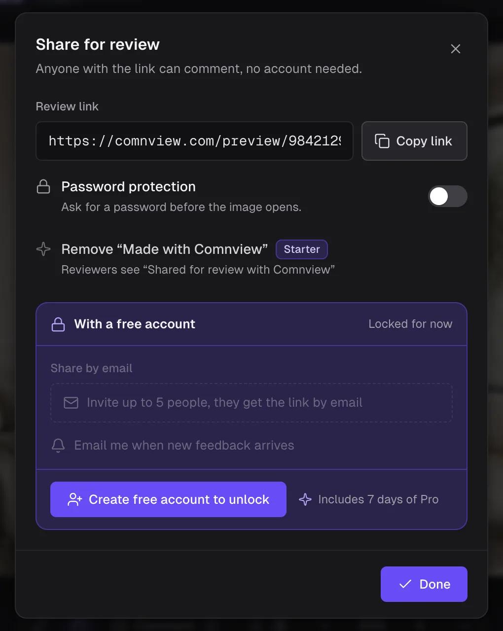 Comnview Share for review dialog: the review link with Copy link, Password protection, Remove Made with Comnview on Starter, and Share by email unlocked with a free account