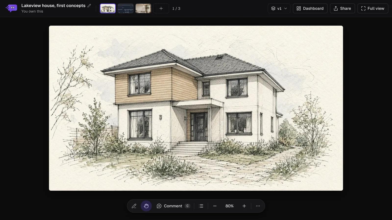 Comnview project Lakeview house, first concepts, made from three pasted images: a house sketch on screen and the three slides in the top bar, 1 of 3