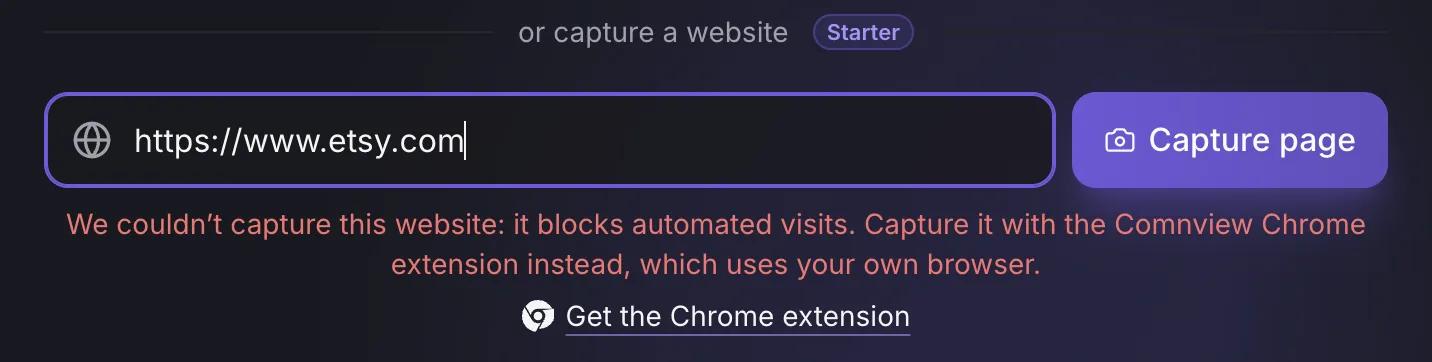 Comnview capture field with https://www.etsy.com and the message: We could not capture this website: it blocks automated visits. Capture it with the Comnview Chrome extension instead.