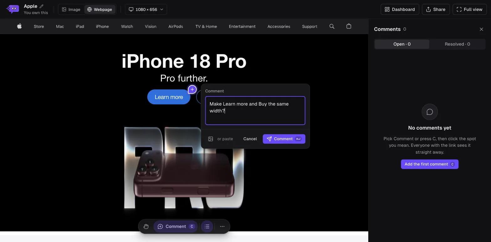 Comnview showing the captured Apple homepage with a comment box open next to the Learn more button