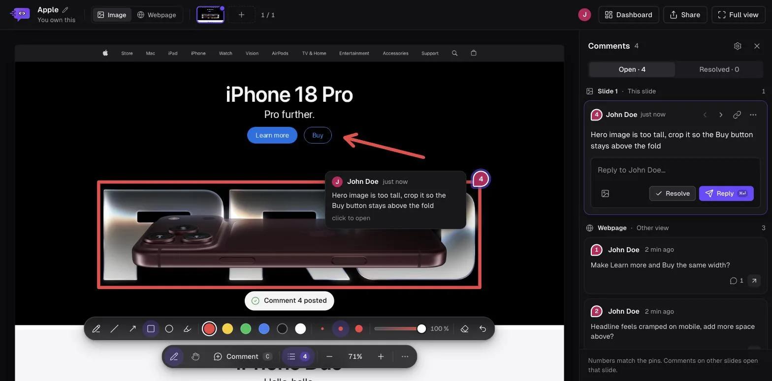 Captured Apple homepage with a red arrow pointing at the Buy button, a red box around the product image and a pinned comment about cropping it
