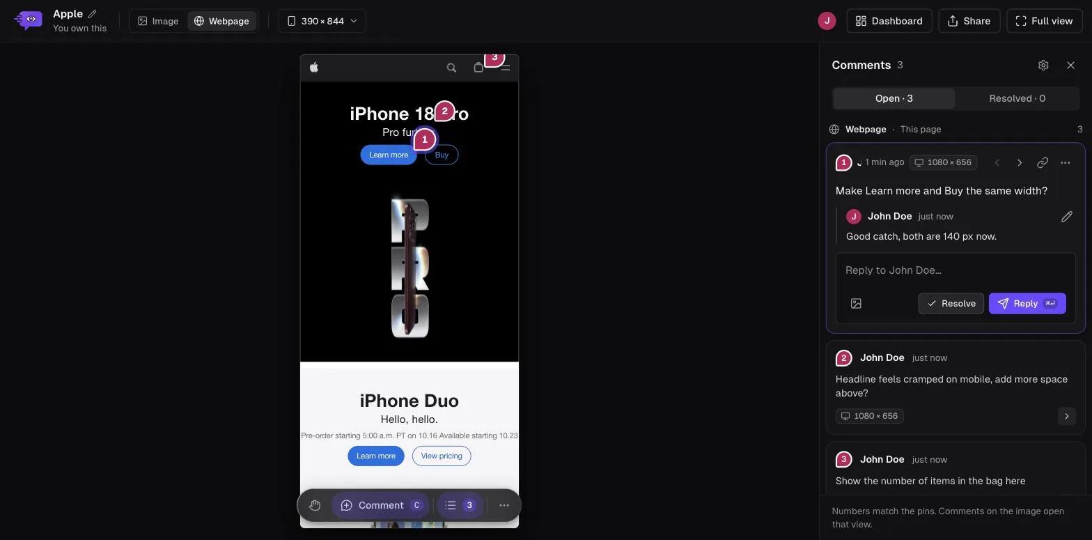 The same captured Apple homepage shown at phone width, 390 by 844, with the numbered pins still on the headline, the buttons and the bag icon