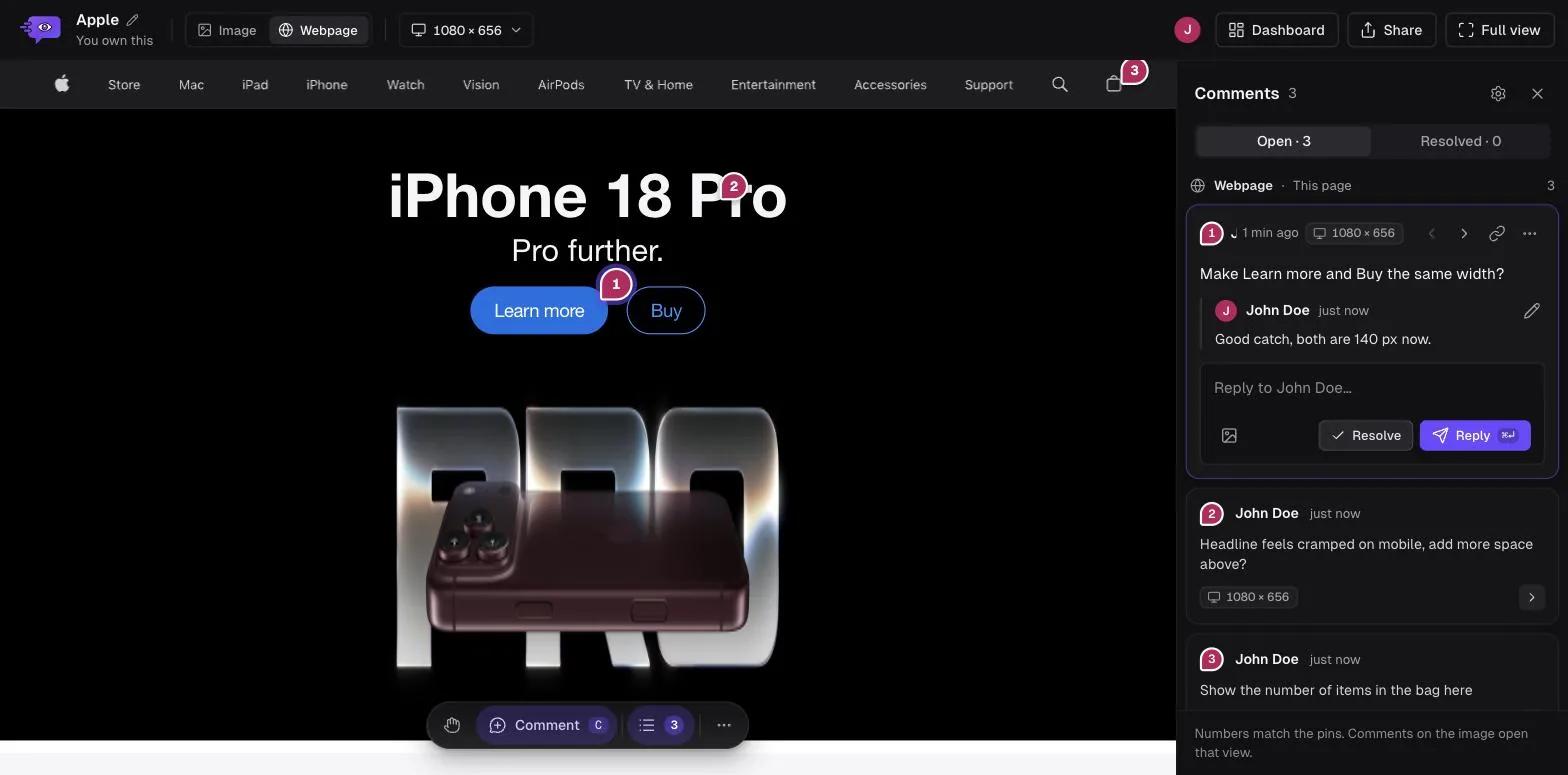 Comnview comments panel with three numbered comments on the Apple homepage capture, the first one with a reply and Resolve and Reply buttons