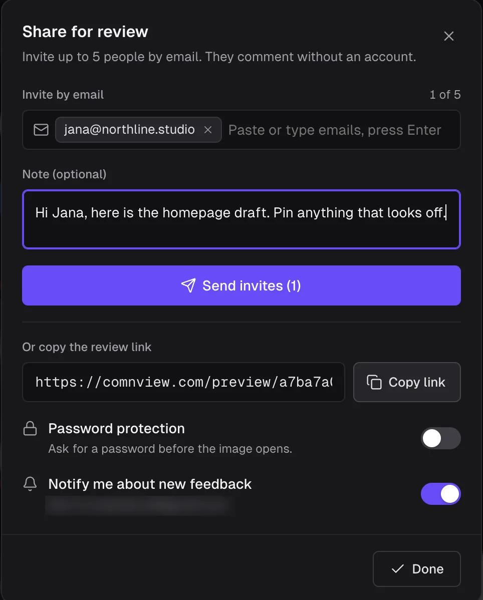 Comnview Share for review dialog with one email invite, an optional note, Send invites, the review link with Copy link, Password protection and Notify me about new feedback