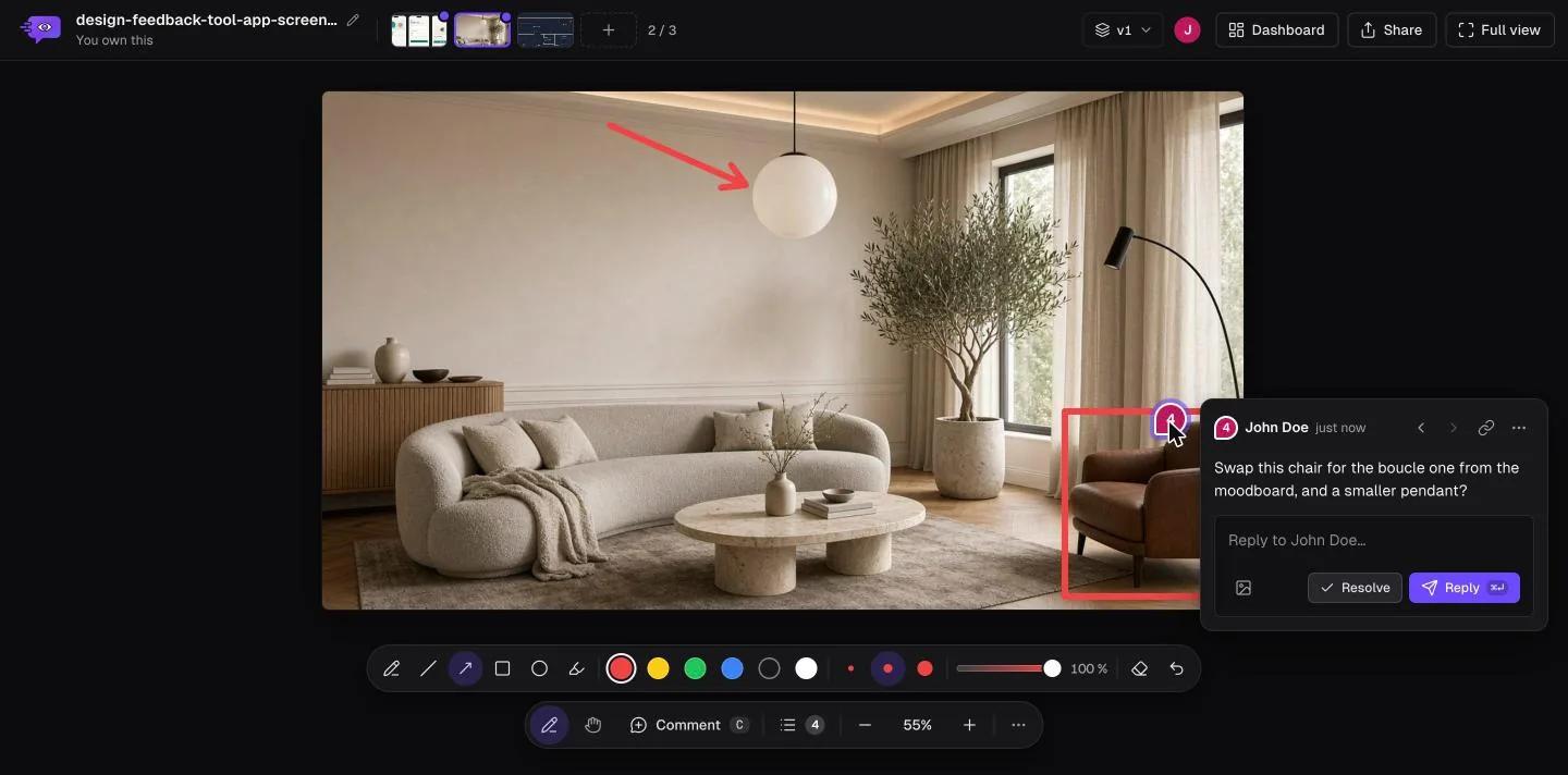 Comnview preview of a living room render with a red arrow pointing at the pendant lamp, a red box around the armchair, and an open comment asking to swap the chair