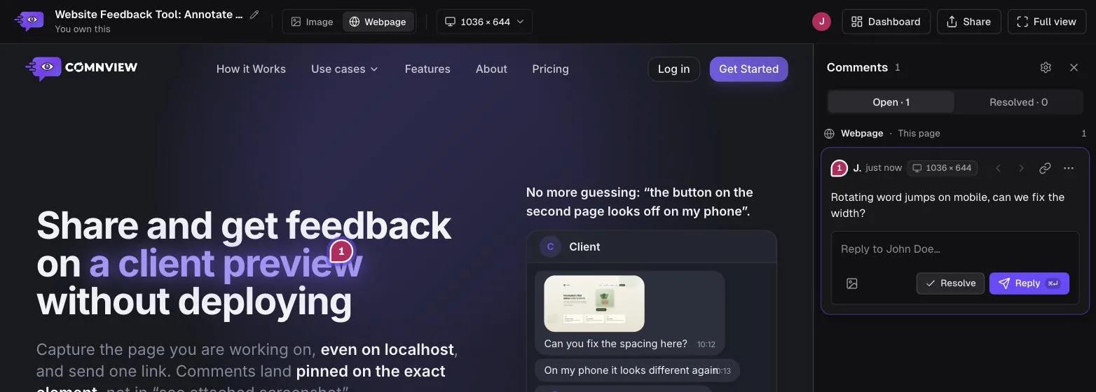 Comnview preview of a pasted link, the Comnview website feedback page captured as a snapshot, with a numbered pin on the headline and the comment in the side panel
