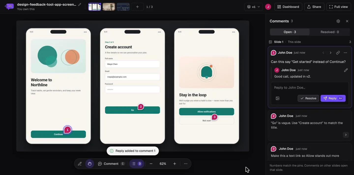 Comnview preview of three mobile app screens with numbered pins on the buttons, and the Comments panel showing a comment with a reply and Resolve and Reply buttons