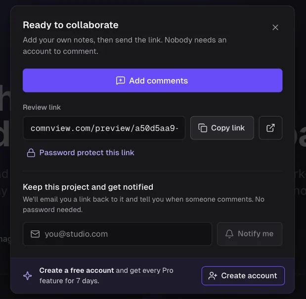 Comnview dialog after an upload, titled Ready to collaborate, with an Add comments button, the review link with Copy link, Password protect this link, an optional email for notifications and a Create account card