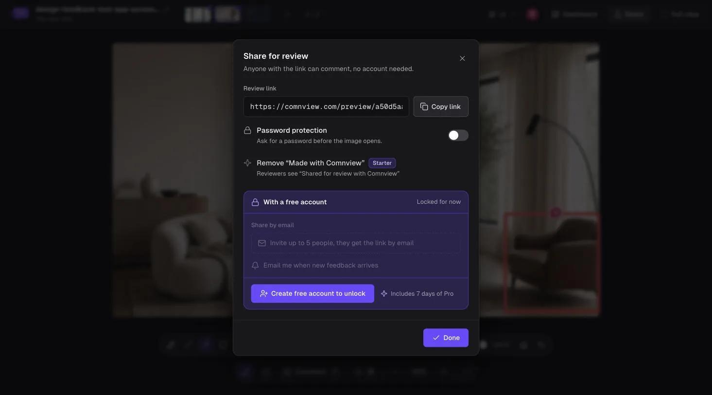 Comnview Share for review dialog with the review link, a Password protection switch, Remove Made with Comnview marked Starter, and share by email unlocked with a free account