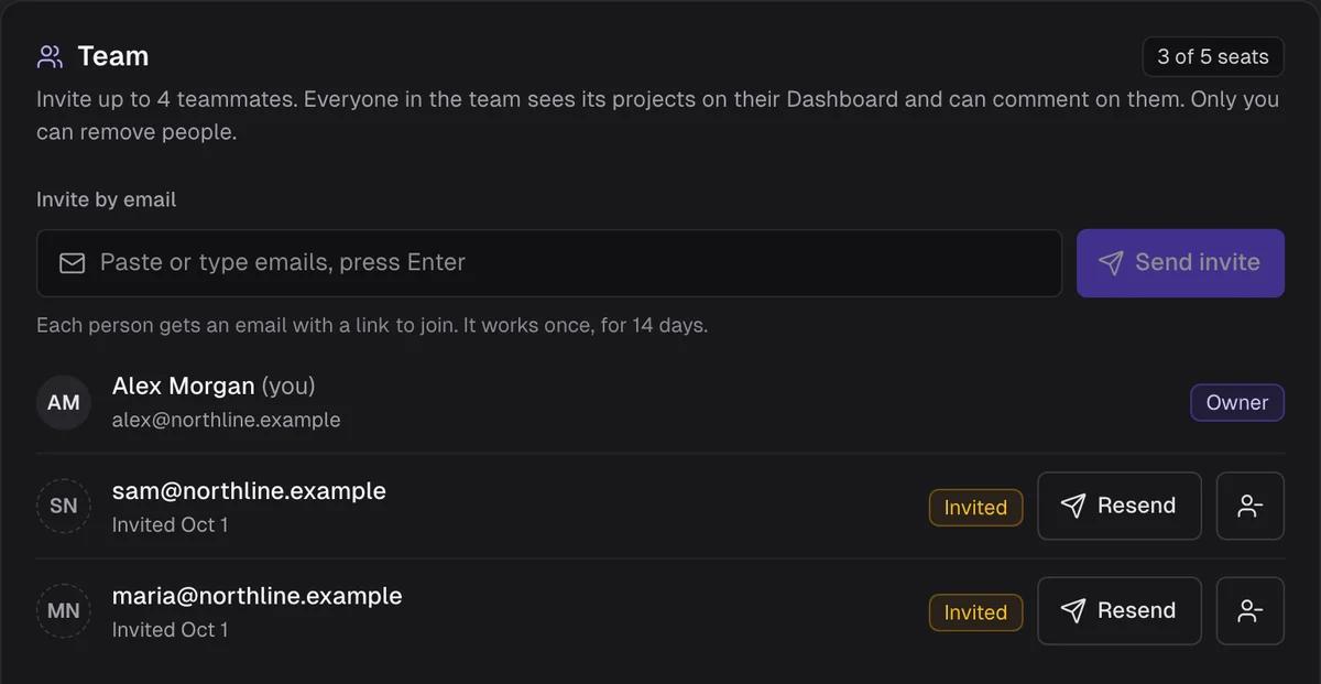 Comnview Team section: invite by email, 3 of 5 seats, the owner Alex Morgan and two invited teammates with Resend buttons