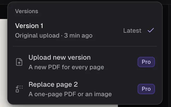 Comnview versions menu showing Version 1 as the latest, with Upload new version and Replace page 2 options marked Pro