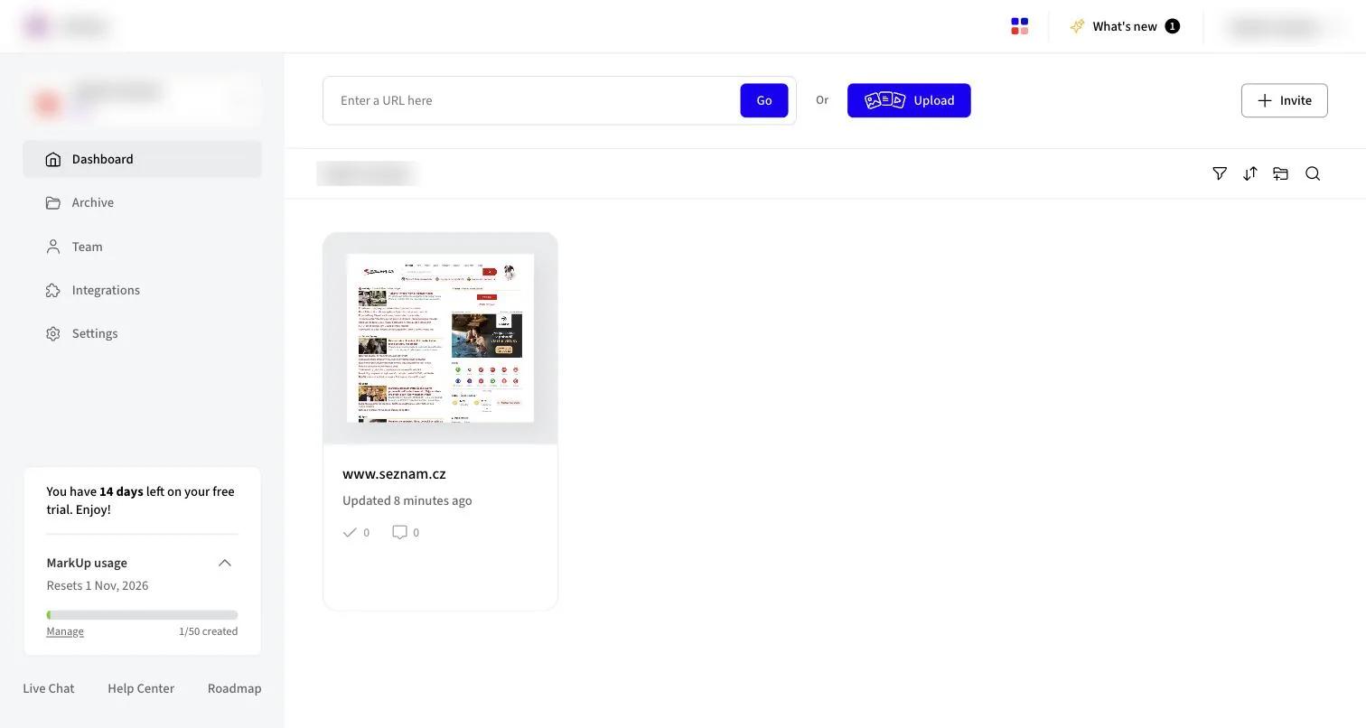 Markup.io dashboard on the Pro trial with a URL field, an Upload button and a MarkUp usage meter showing 1 of 50 created, resetting on 1 November