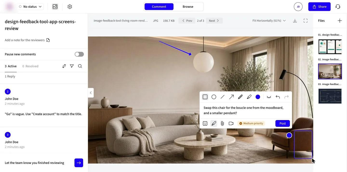 Markup.io comment on a living room render with a blue arrow to the lamp, a box around the armchair, the shape tools above the comment and a Medium priority tag