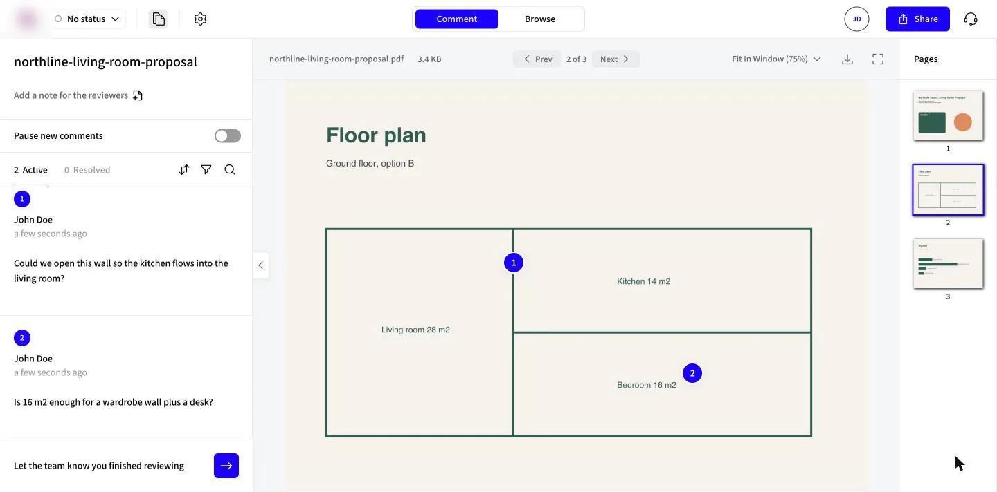 Markup.io showing page 2 of the same PDF floor plan with two numbered pins and the comments listed on the left