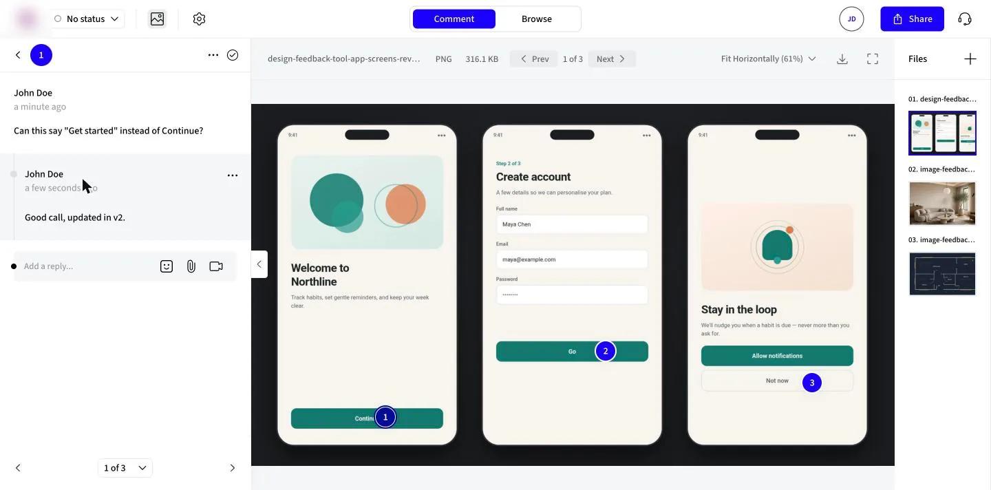 Markup.io showing the same three mobile app screens with the same three numbered pins and the first comment with its reply in the left panel