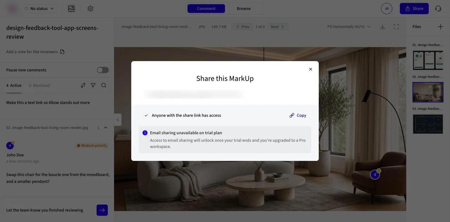Markup.io Share this MarkUp dialog with Anyone with the share link has access and Copy, and a notice that email sharing is unavailable on the trial plan