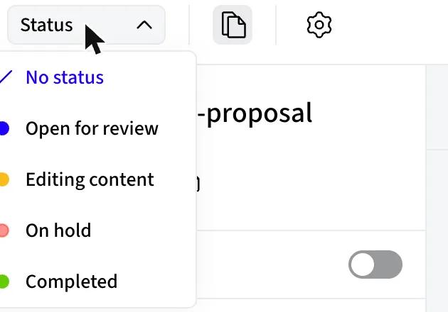 Markup.io status menu listing No status, Open for review, Editing content, On hold and Completed