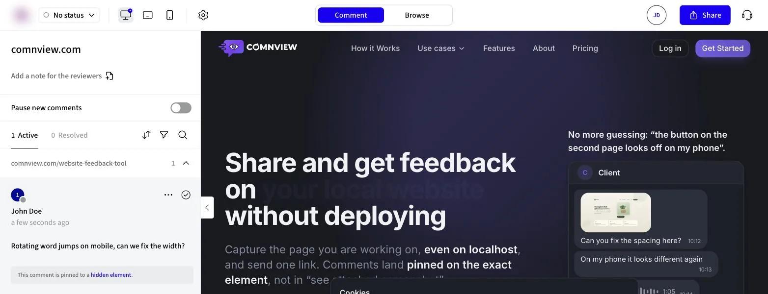 Markup.io showing the same Comnview page loaded live, with the comment in the left panel marked This comment is pinned to a hidden element
