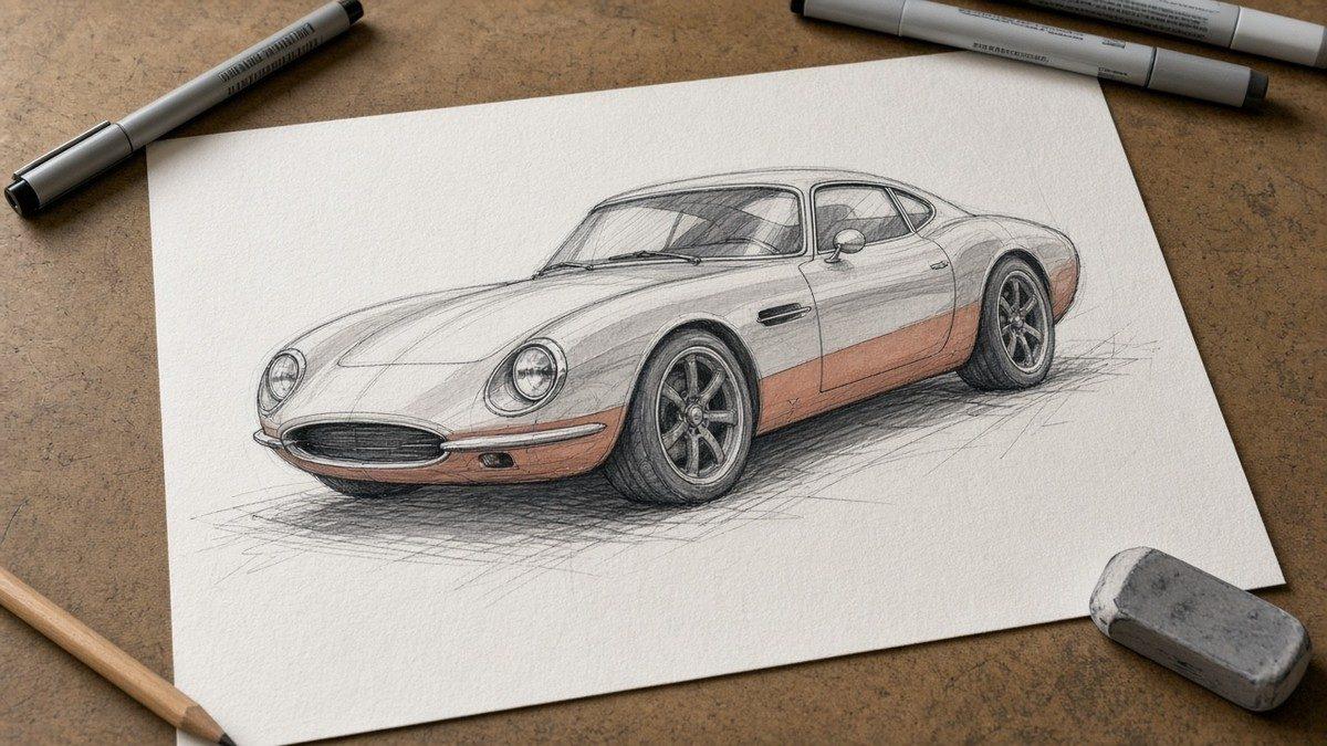 Pencil sketch of a two-tone sports coupe on a drawing table with pens and an eraser