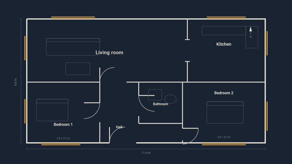 Floor plan of a two-bedroom flat with a living room, kitchen, bathroom and hall, drawn as light lines on a dark background