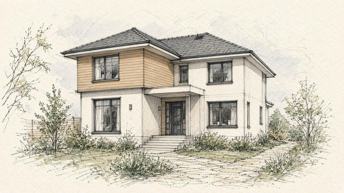 Ink and watercolour sketch of a two-storey house with a wood-clad upper floor, a covered entrance and a front garden