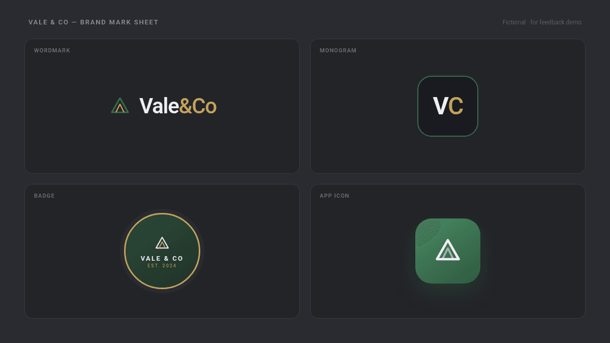 Logo sheet of a fictional brand with four variants: wordmark, monogram, badge and app icon