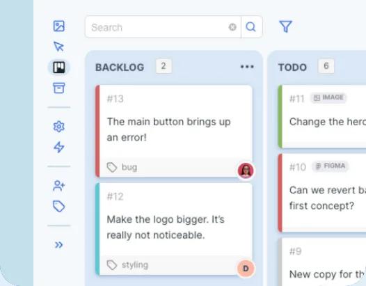 BugHerd task board with Backlog and Todo columns: feedback cards such as “The main button brings up an error!” tagged bug and “Make the logo bigger” tagged styling