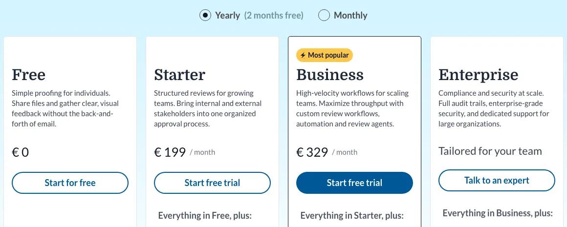 Filestage pricing billed yearly: Free €0, Starter €199 a month, Business €329 a month, Enterprise tailored for your team