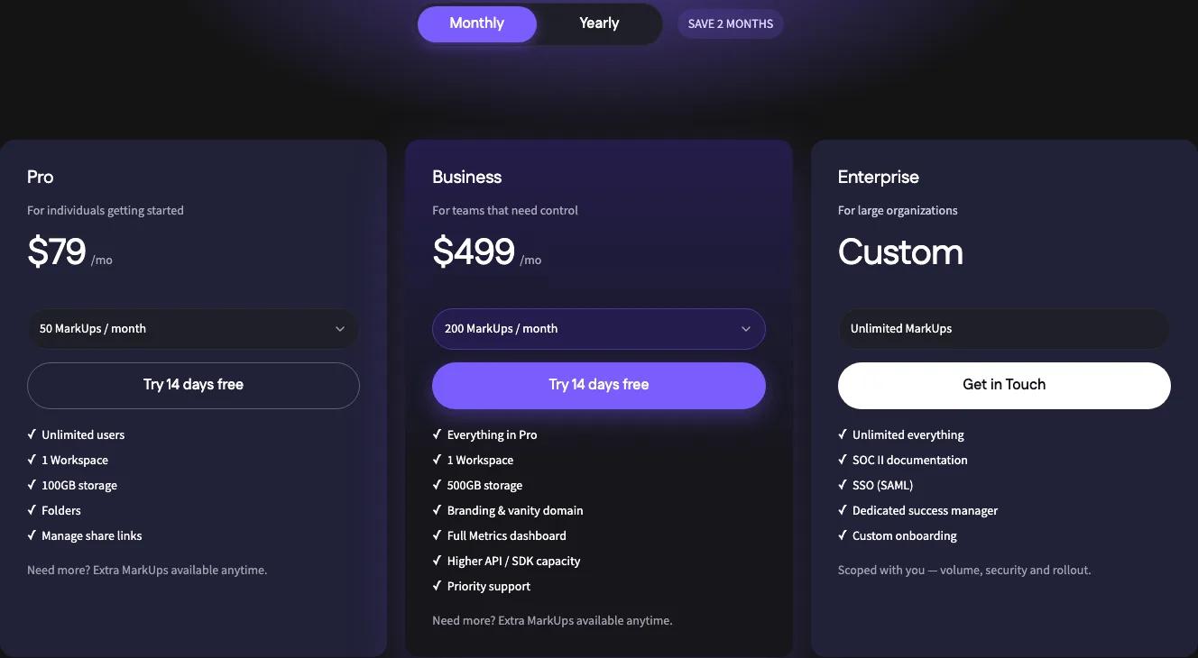 Markup.io pricing billed monthly: Pro $79 a month for 50 MarkUps and unlimited users, Business $499 for 200 MarkUps, Enterprise custom