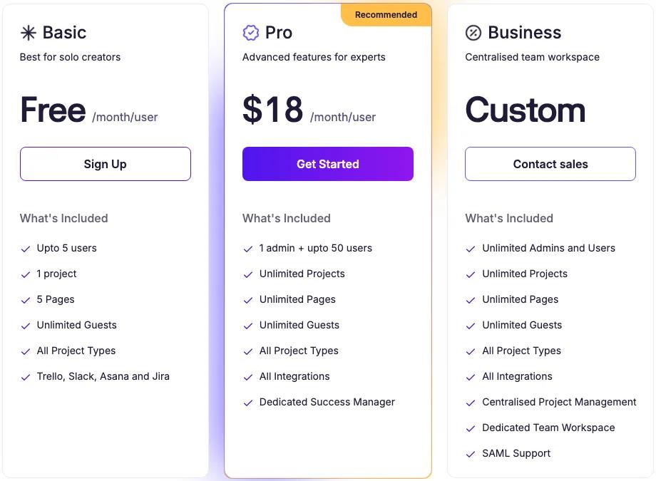 Ruttl pricing: Basic free for up to 5 users, 1 project and 5 pages with Trello, Slack, Asana and Jira; Pro $18 per user a month; Business custom