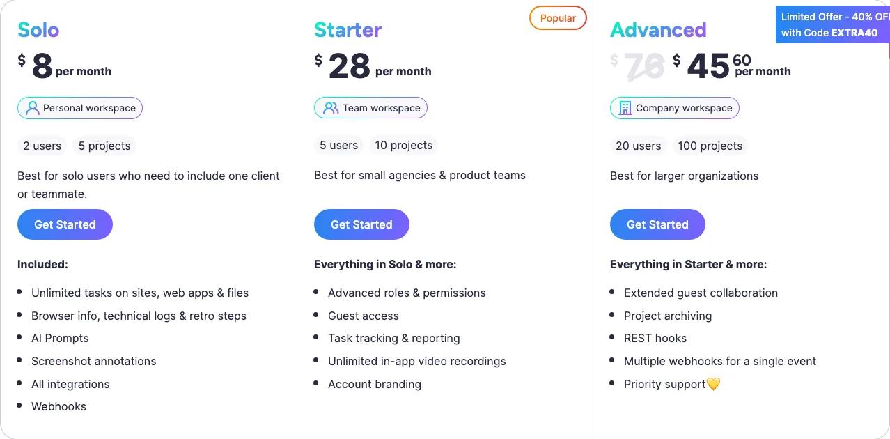 Webvizio plans billed annually: Solo $8 a month for 2 users and 5 projects, Starter $28 for 5 users and 10 projects, Advanced with a limited-time discount, and the features of each